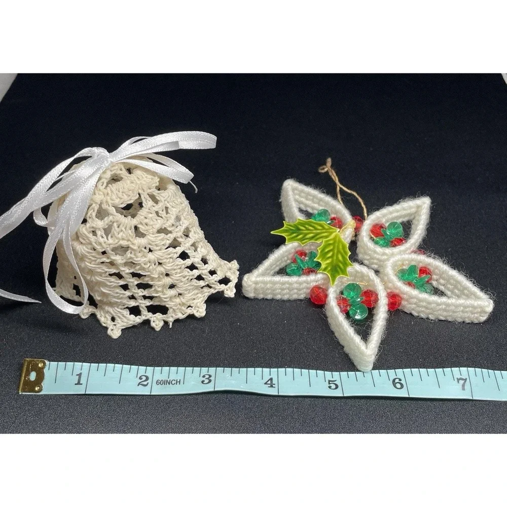 Vintage Crochet Starched Bell & Yarn Star Snowflake Handmade Ornaments. Lot of 2